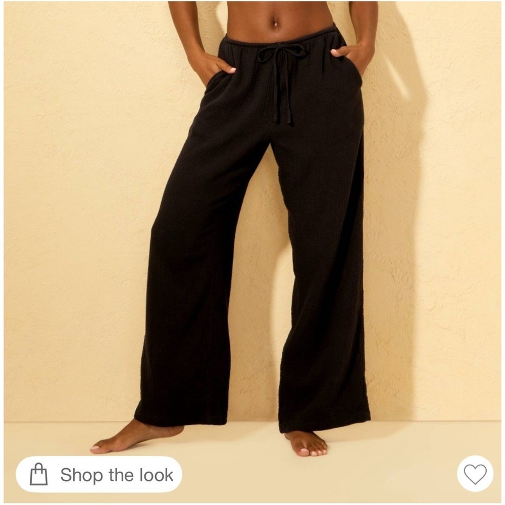 Shade & Shorte Gauze Swim Cover Up Pants Sz L Black Wide Leg Pockets Pull On NWT